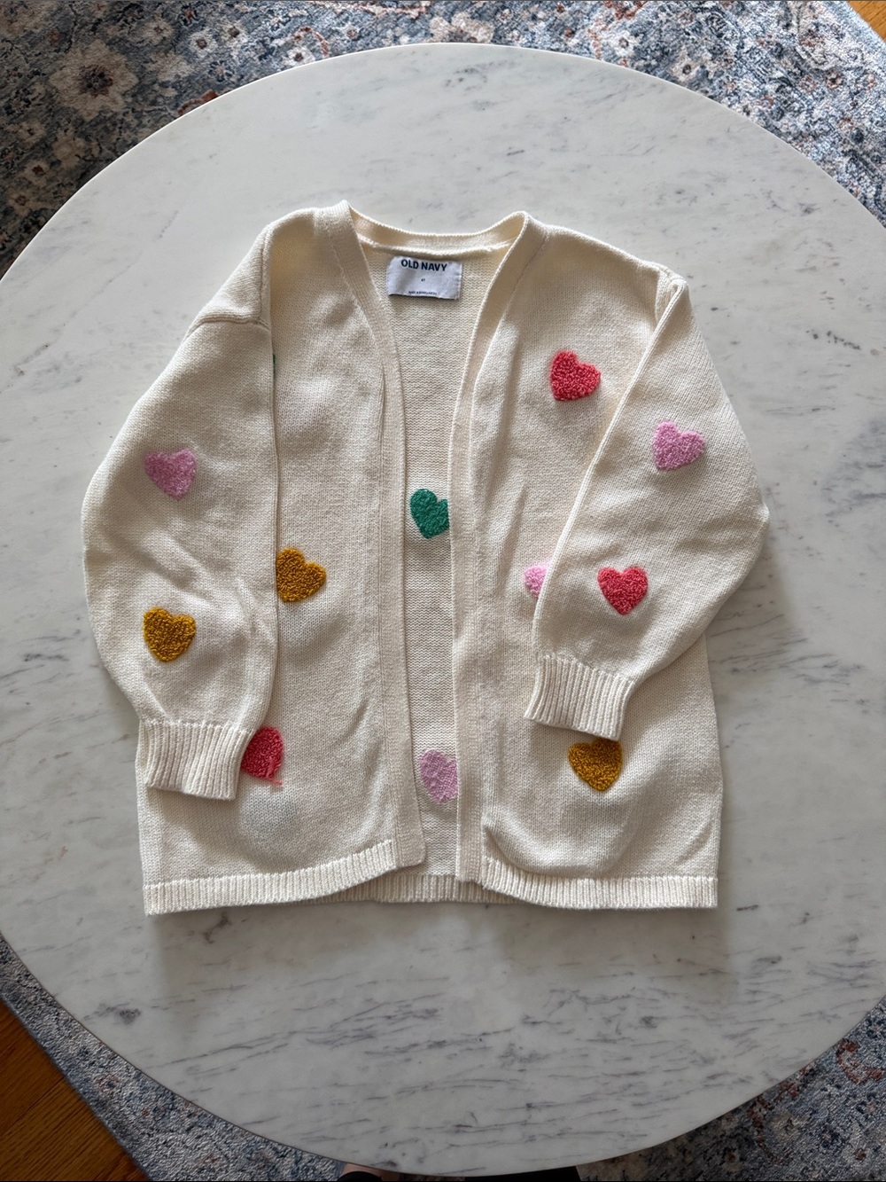 Old Navy Cream Cardigan with Multicolor Heart Appliqués